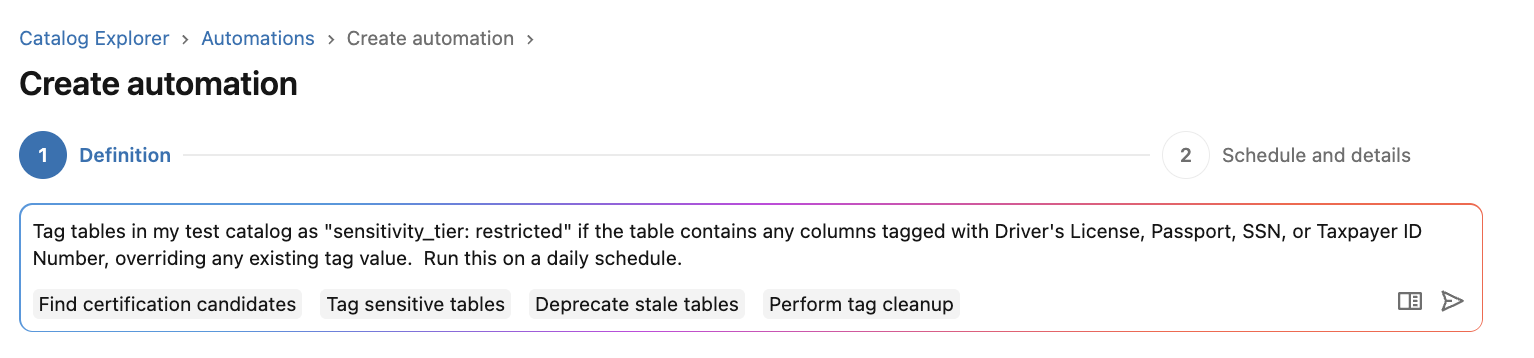 The Definition step of the Create automation wizard, with a filled-in prompt describing a rule that tags tables as restricted when their columns carry sensitive classification tags, on a daily schedule.