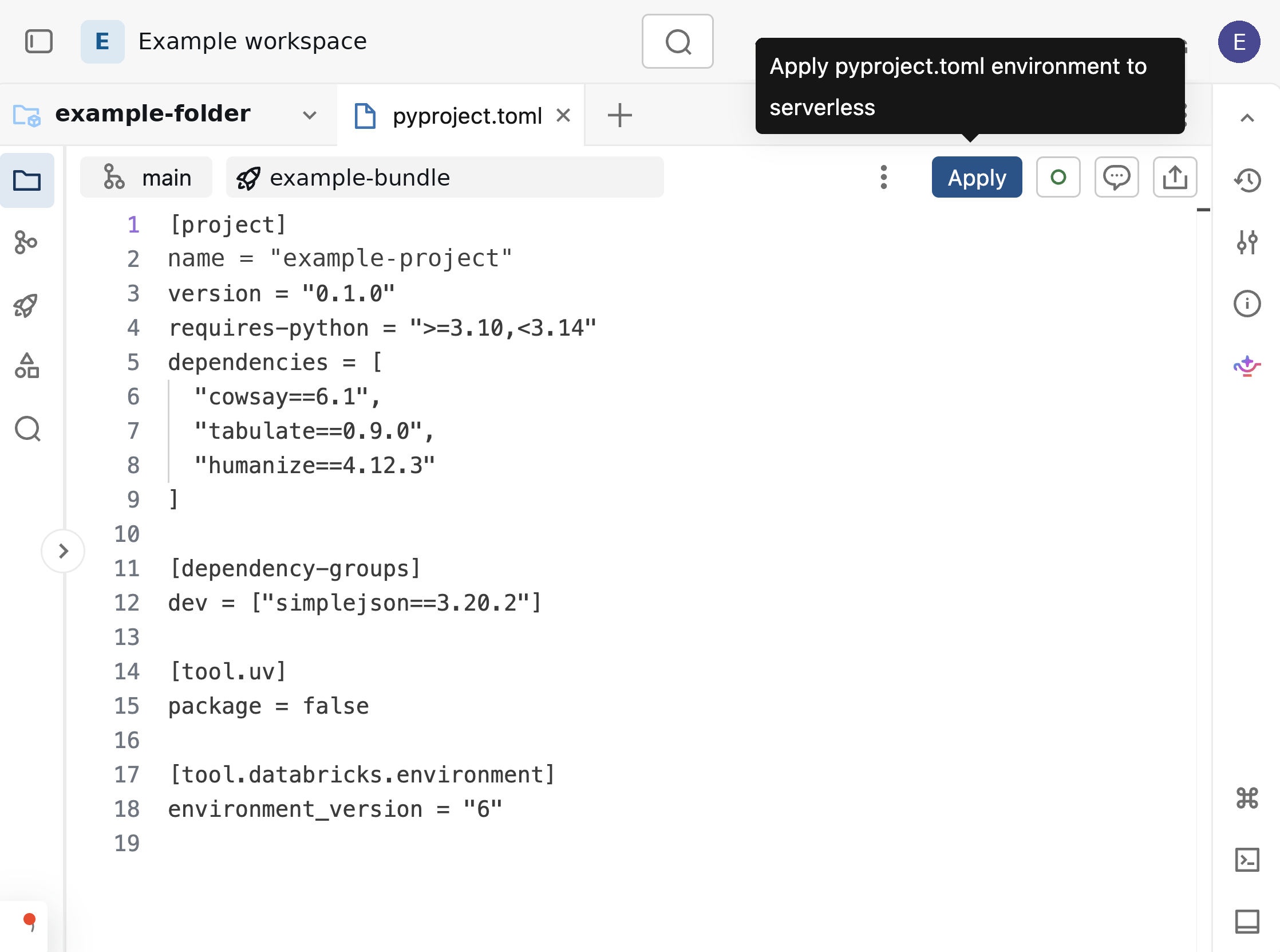 The pyproject.toml file editor showing the Apply button and its tooltip.