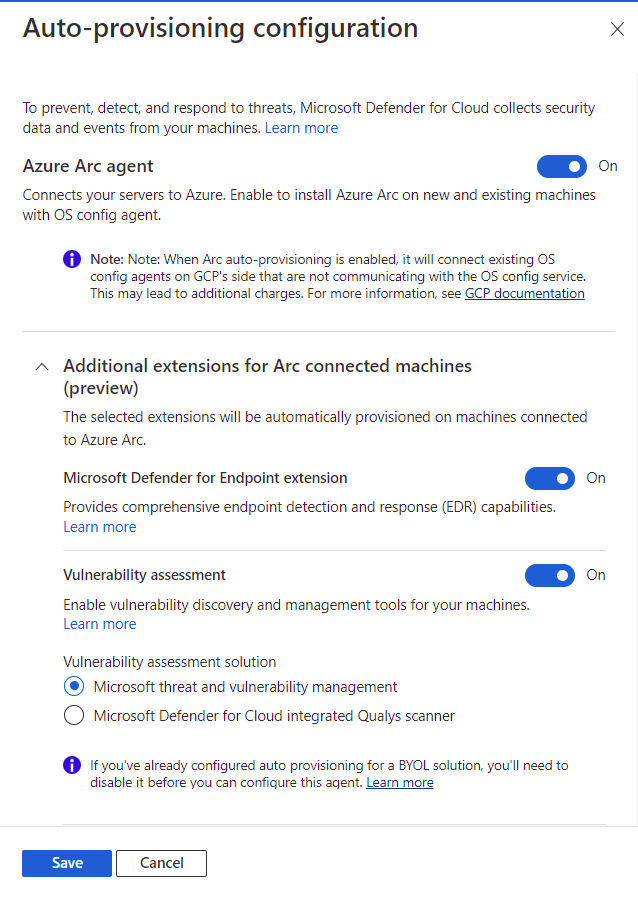 Screenshot that shows the toggles for the Defender for Servers plan.