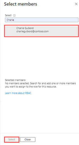 Screenshot showing the Select members pane with a user account highlighted.