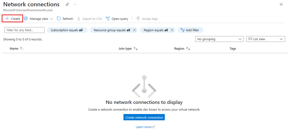 Screenshot that shows the page for network connections and the Create button.