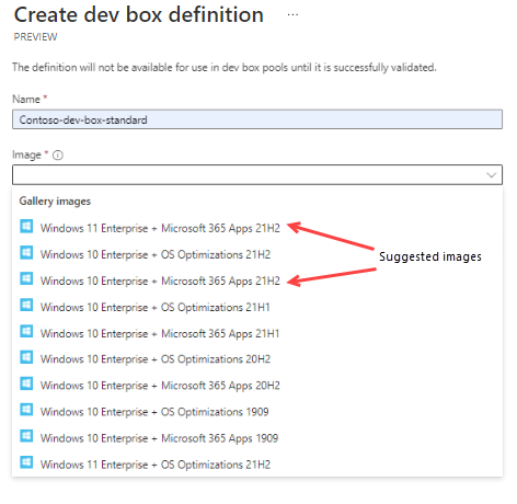 Screenshot showing the create dev box definition page with suggested images highlighted.