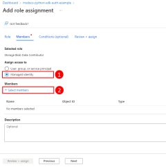 A screenshot showing how to select managed identity as the type of user you want to assign the role (permission) on the 'add role assignments' page.
