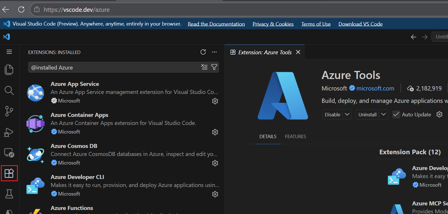 Screenshot of VS Code for the Web showing Azure Tools extension pack details and installed Azure extensions list.