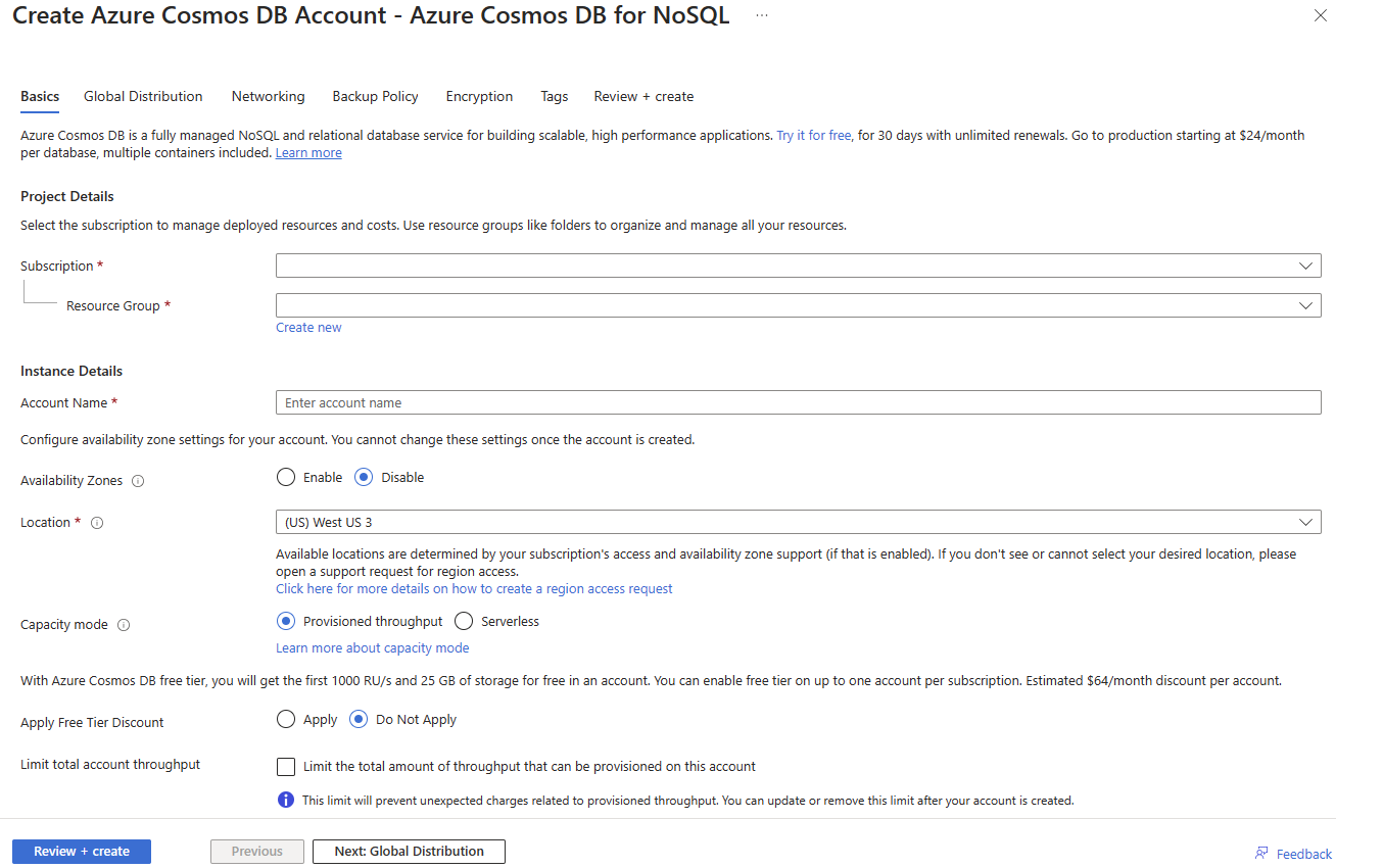Screenshot of the Azure portal that shows the Create Azure Cosmos DB Account page with Azure Cosmos DB for NoSQL settings.