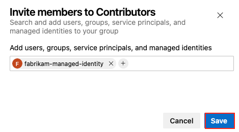 Screenshot showing the Members tab where you add a managed identity to the Contributors group in Azure DevOps.