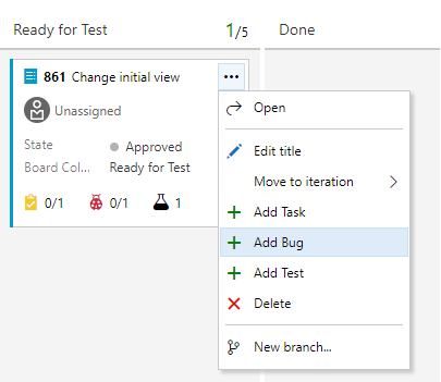 Screenshot to add a bug from board, Add child bug to backlog item.