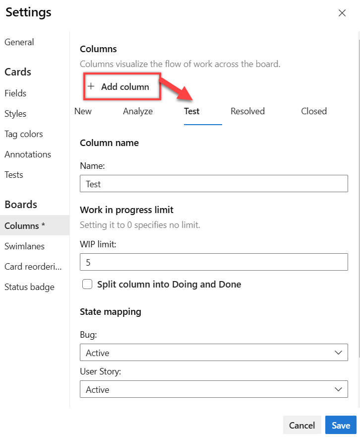 Screenshot that shows the Settings dialog and selections for adding a Test column.