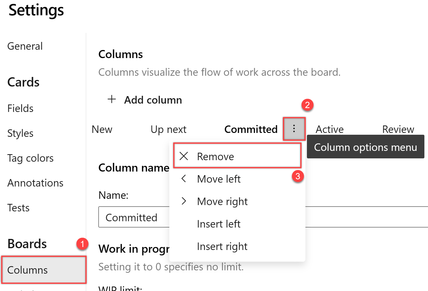 Screenshot that shows the selections for deleting a column in the Settings dialog.