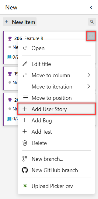 Screenshot showing the feature board context menu and the option to add a user story.