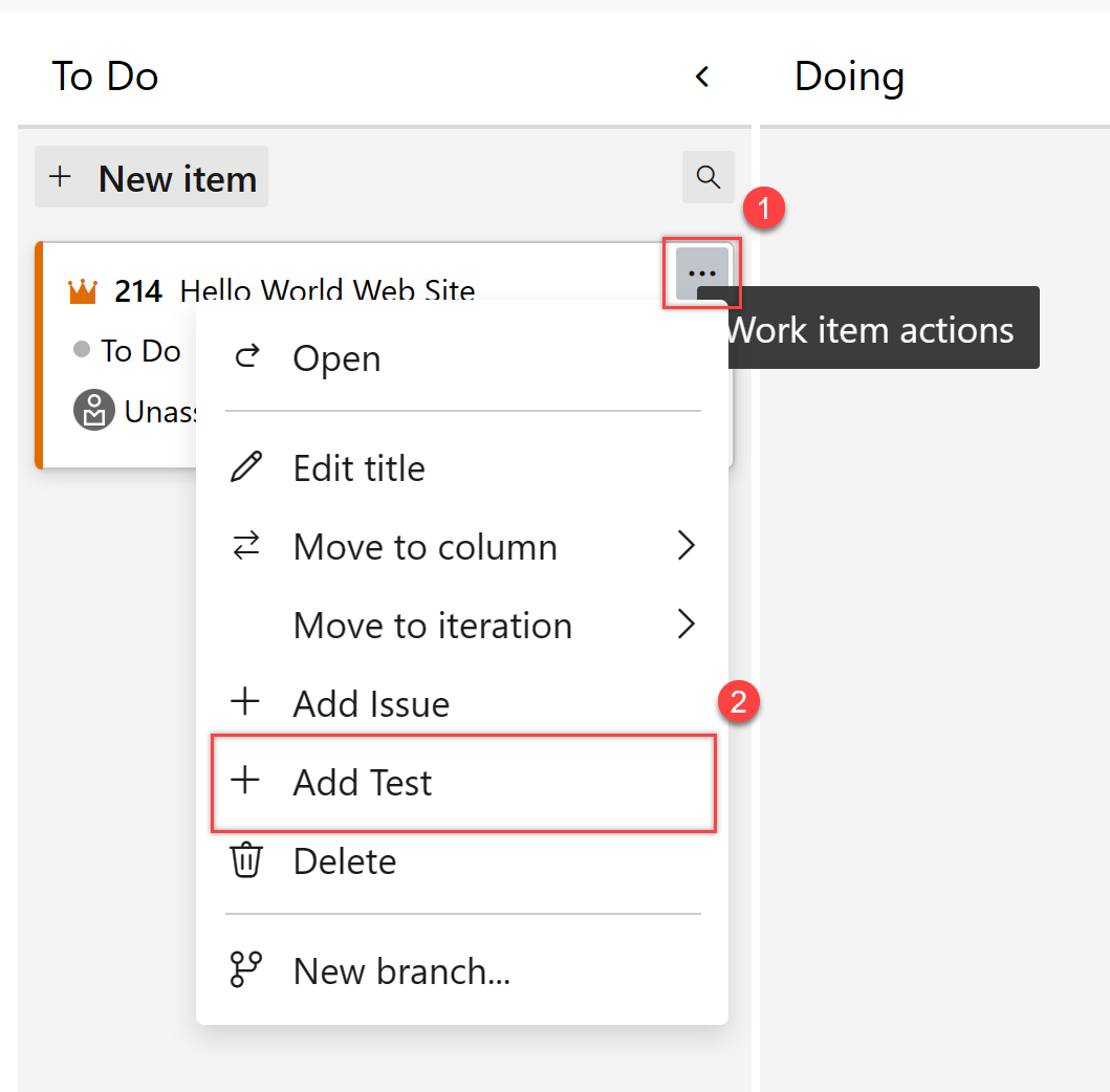 Screenshot showing Open context menu of a backlog item to add inline test case.