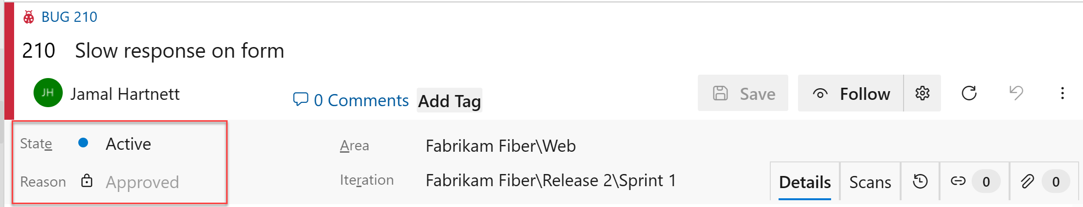 Screenshot of Bug work item form, header area, showing the State and Reason fields.