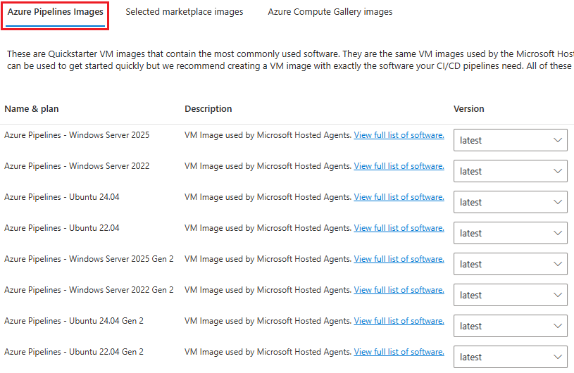 Screenshot that shows Azure Pipelines images.