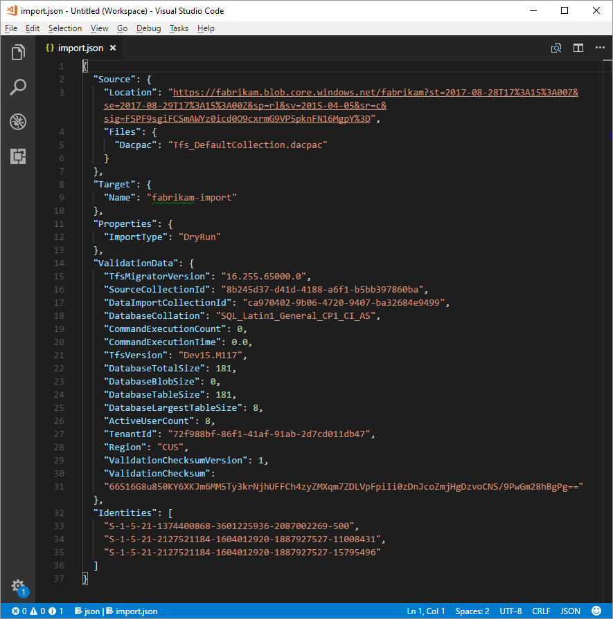 Screenshot of completed migration specification file with migration type.