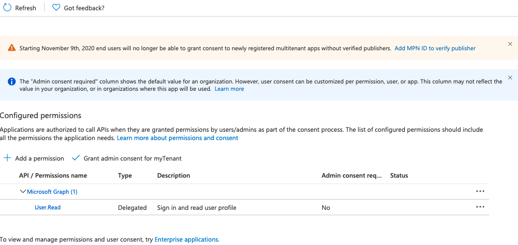 Select your application and navigate to "API Permissions"