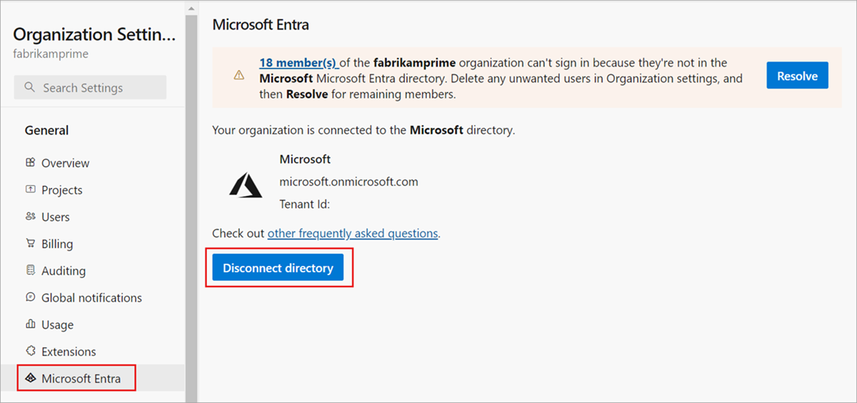Organization settings, disconnect directory