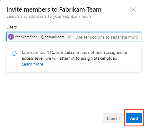 Screenshot of the Invite members to a team dialog, Add new user account.