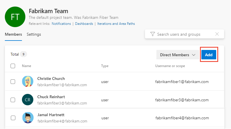 Screenshot of the Team Profile dialog with the Add option highlighted.