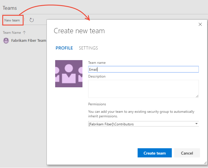 Screenshot of New team subteam with its own area path on Current page.