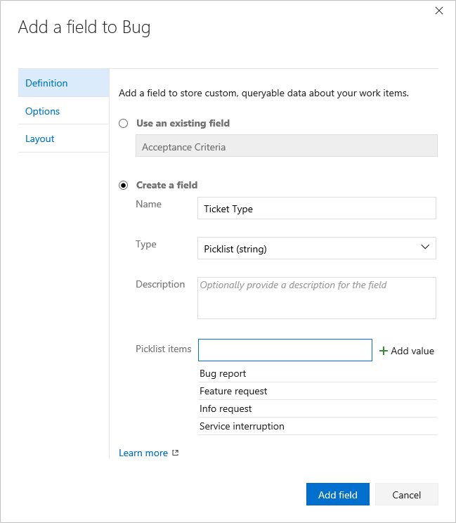 Add a field to Bug dialog, Add a custom picklist.