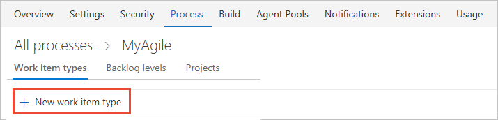 Screenshot showing Process, Inherited process, Work Item Types, Add new work item type.