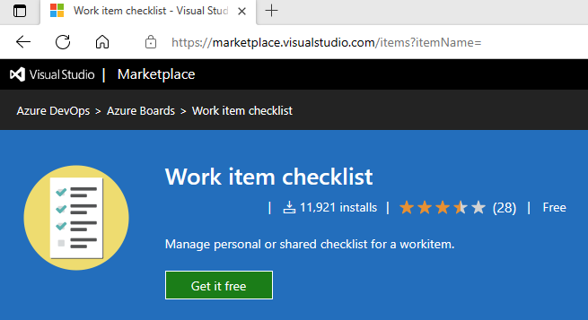 Screenshot showing Marketplace extension, Work item checklist.