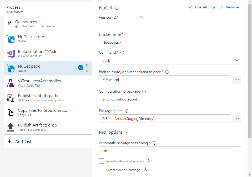 A screenshot that shows how to configure the NuGet task in Azure Pipelines.
