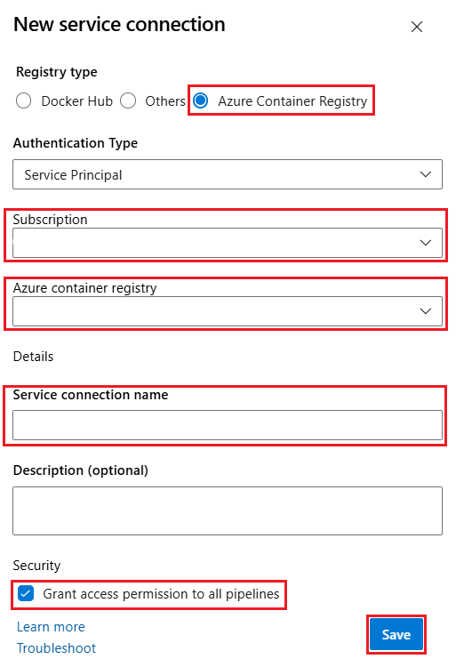 Screenshot of the new Azure Container Registry service connection dialog showing fields for subscription, container registry, and service connection name.