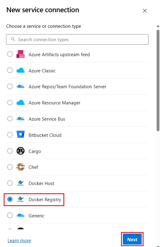 Screenshot showing the New service connection menu with Docker Registry option selected.