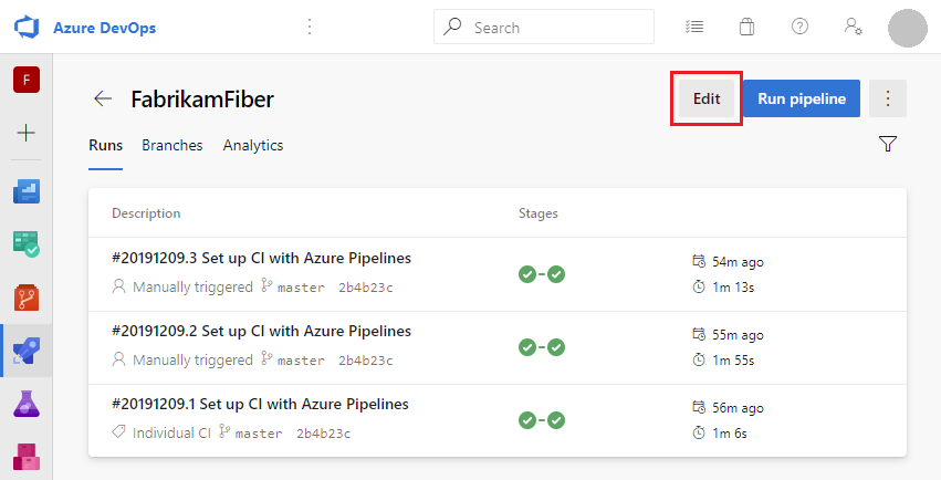 Screenshot that shows Edit pipeline selected.