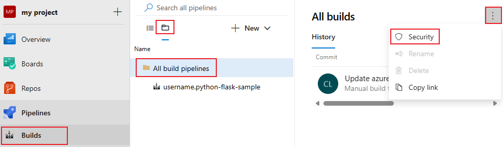 Screenshot showing all pipelines security selections.