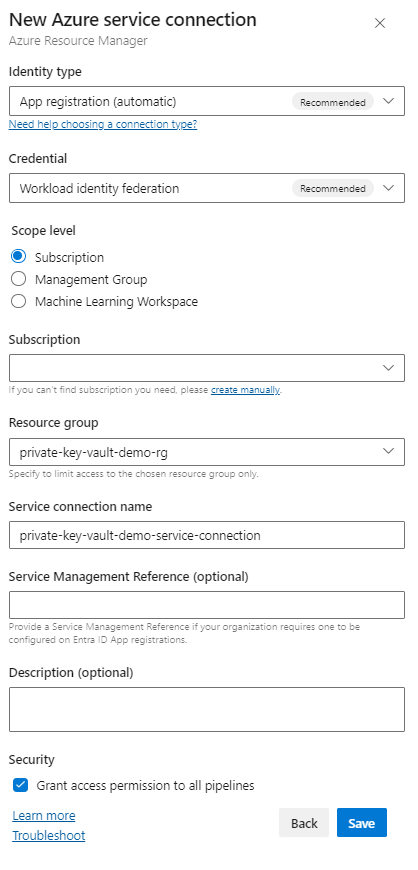 Screenshot that shows how to configure an Azure Resource Manager service connection for a service principal.