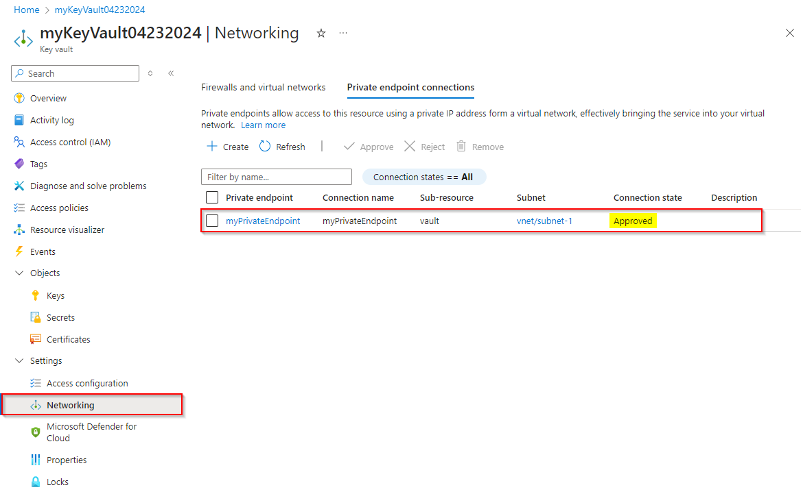 Screenshot that shows an approved private endpoint connection