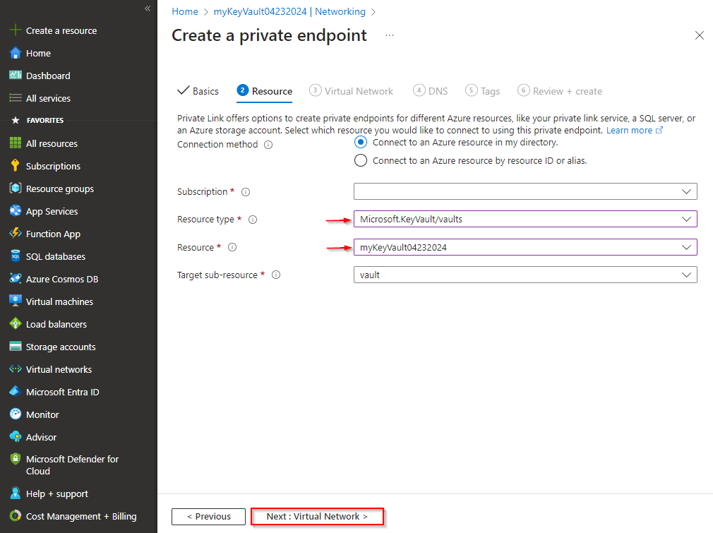 Screenshot that shows how to configure the Resource tab when you create a new private endpoint instance for your Azure key vault.