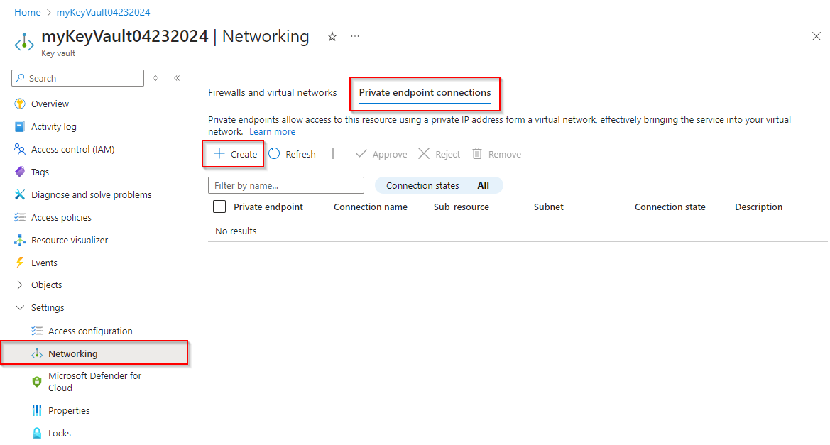 Screenshot that shows how to create a new private endpoint connection for an Azure key vault.