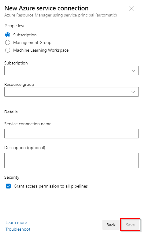 Screenshot showing the new Azure Resource Manager service connection form.