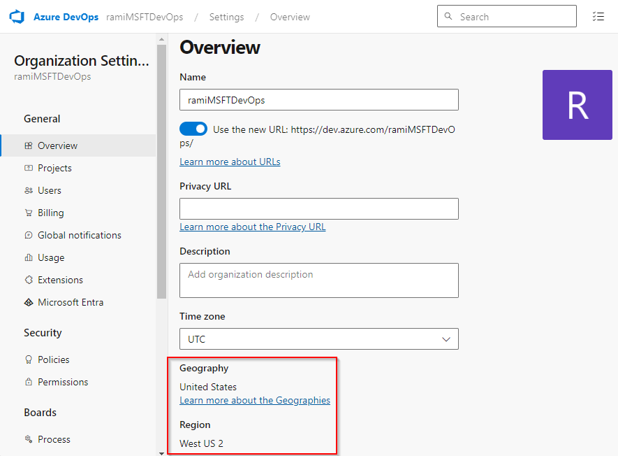 Screenshot that shows how to find the geographical location of your Azure DevOps organization.