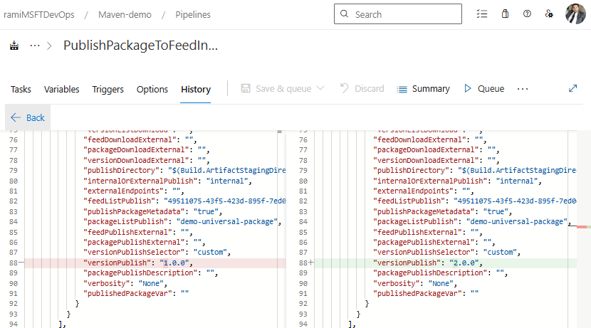A screenshot displaying the Classic pipeline history difference.