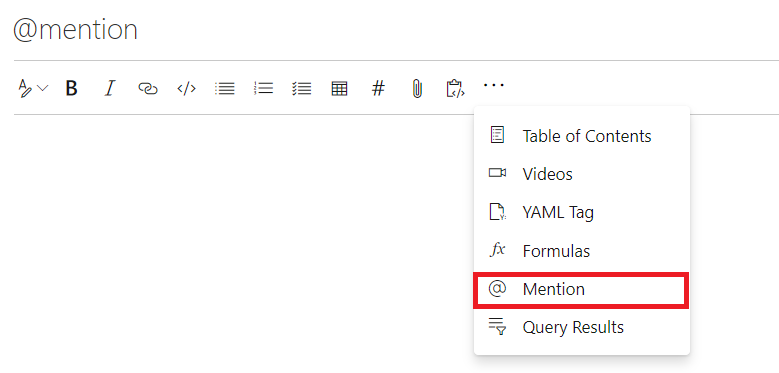 Screenshot of at Mention from edit toolbar.