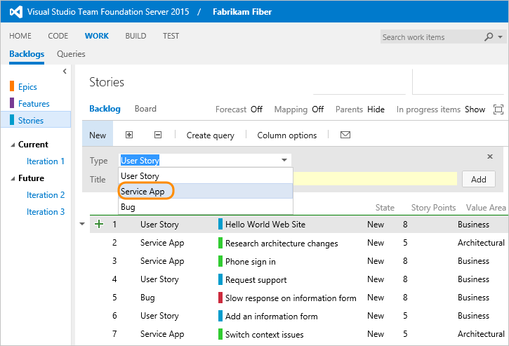 Add a custom WIT, for example, Service App, to the Requirement Category to track it like a requirement