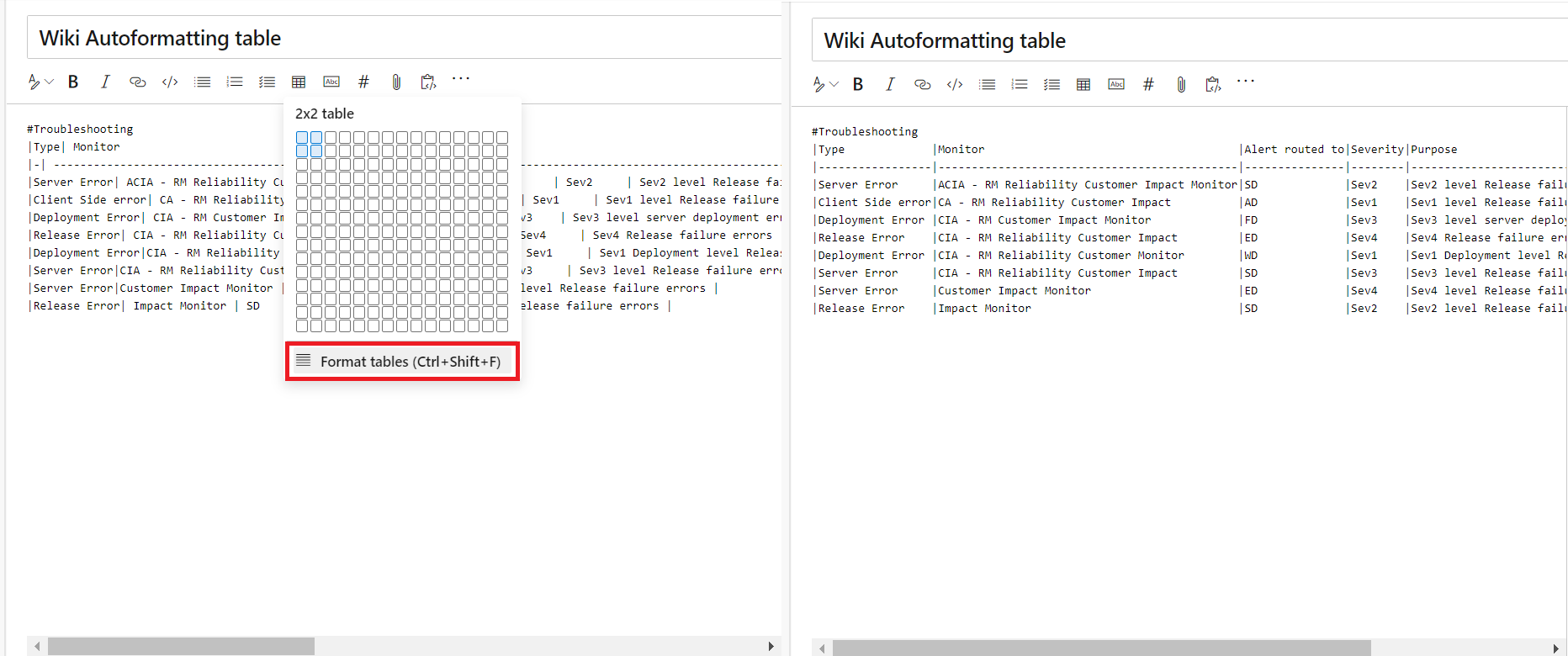 Wiki page Autoformating Markdown tables.