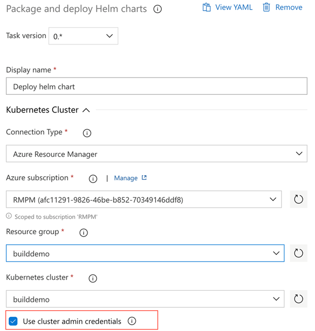 Package and deploy Helm charts showing the use cluster admin credentials checkbox Package and deploy Helm charts showing the use cluster admin credentials checkbox.