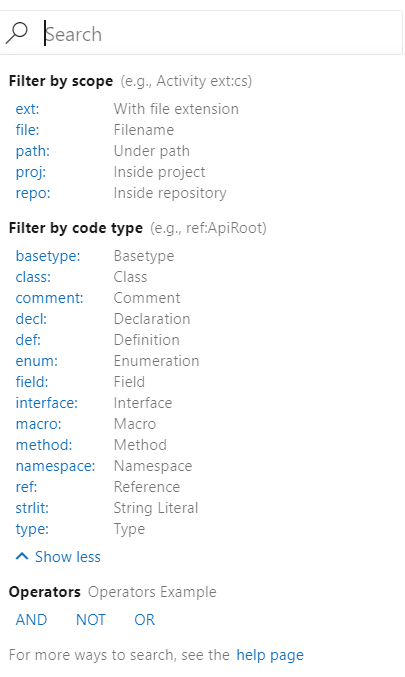 Code search filter options Code search filter options.