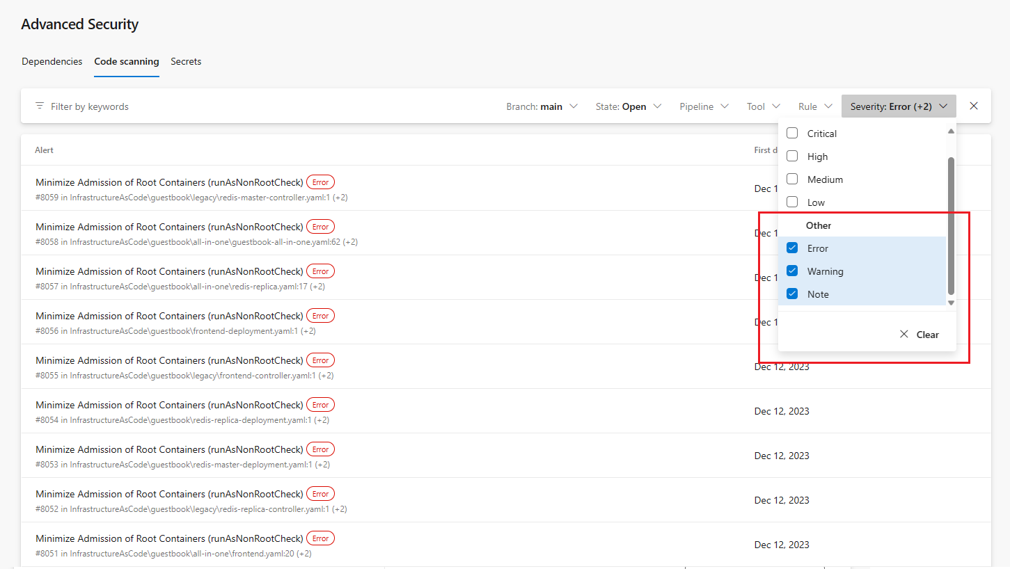 Screenshot of code scanning alerts list and severity filter Screenshot of code scanning alerts list and severity filter.