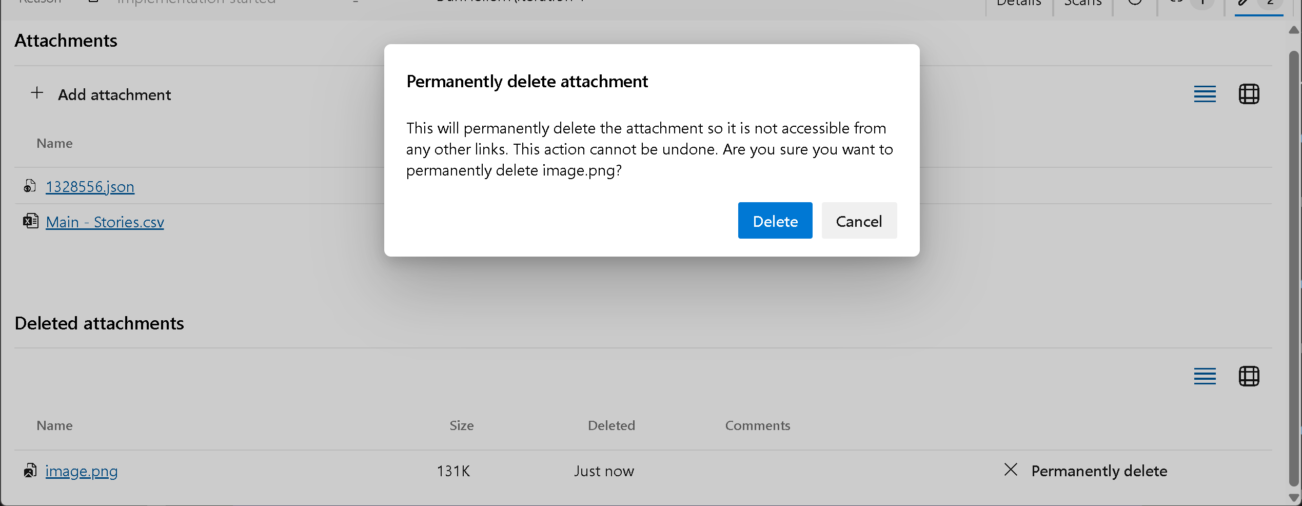 Screenshot of permanently delete work item attachments SScreenshot of permanently delete work item attachments.