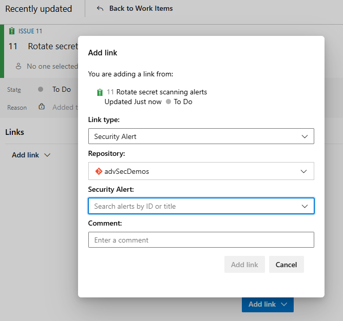 Image to show item linking for Advanced Security alerts Image to show item linking for Advanced Security alerts.