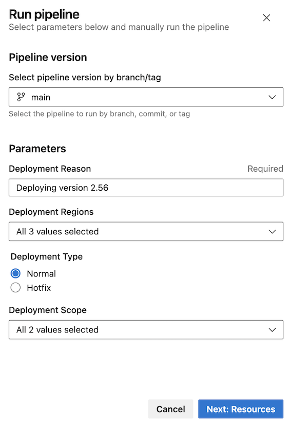 Screenshot to show selecting run pipelines parameters. Screenshot to show selecting run pipelines parameters.
