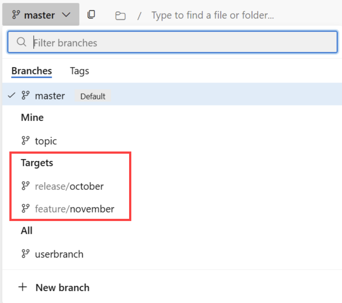 Image to show Target section in pull request branch dropdown. Image to show Target section in pull request branch dropdown.