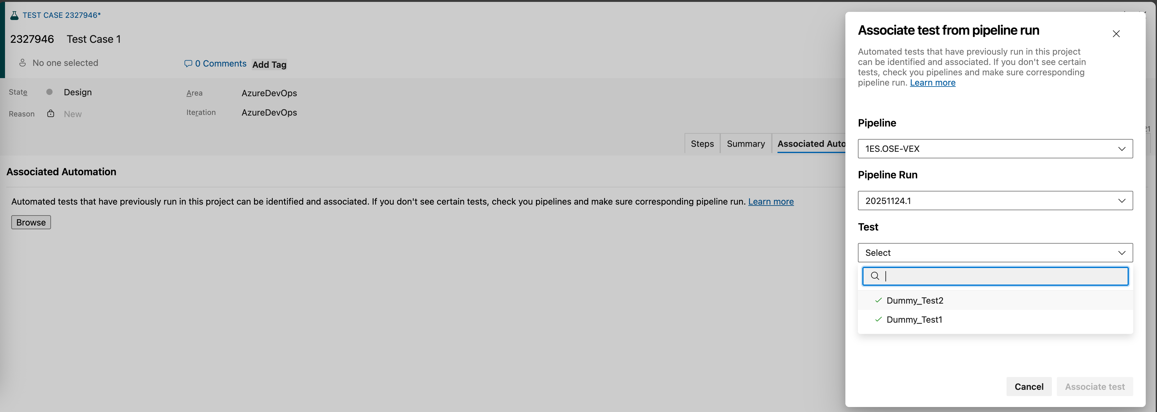 Screenshot showing associate test from pipeline run. Screenshot showing associate test from pipeline run.