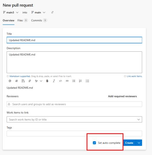 Screenshot of new pull request showing set auto complete. Screenshot of new pull request showing set auto complete.